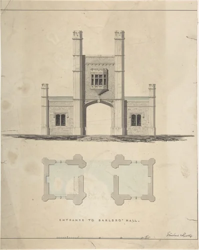 Entrance to Barlboro' Hall by William Hurst, drawing, 1815-1825