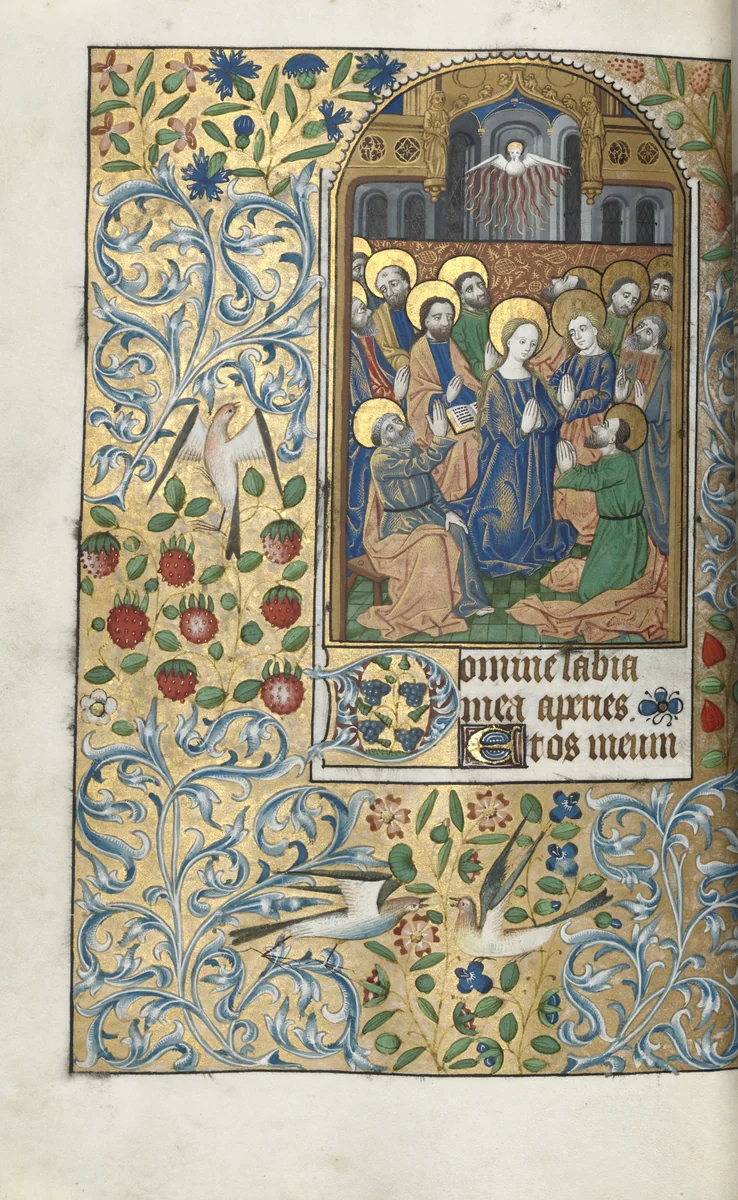 Book of Hours (Use of Rouen): fol. 99v, Pentecost by Master of the Geneva Latini, book, 1465-1475