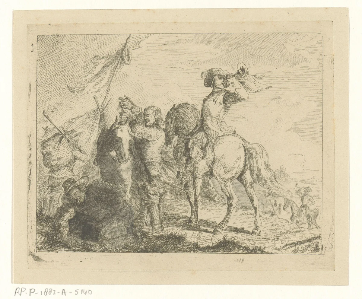 Landschap met reizigers en ruiters by Jan Karel Jacob de Jonge, print, 1843-1880