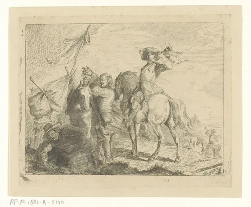 Landschap met reizigers en ruiters by Jan Karel Jacob de Jonge, print, 1843-1880