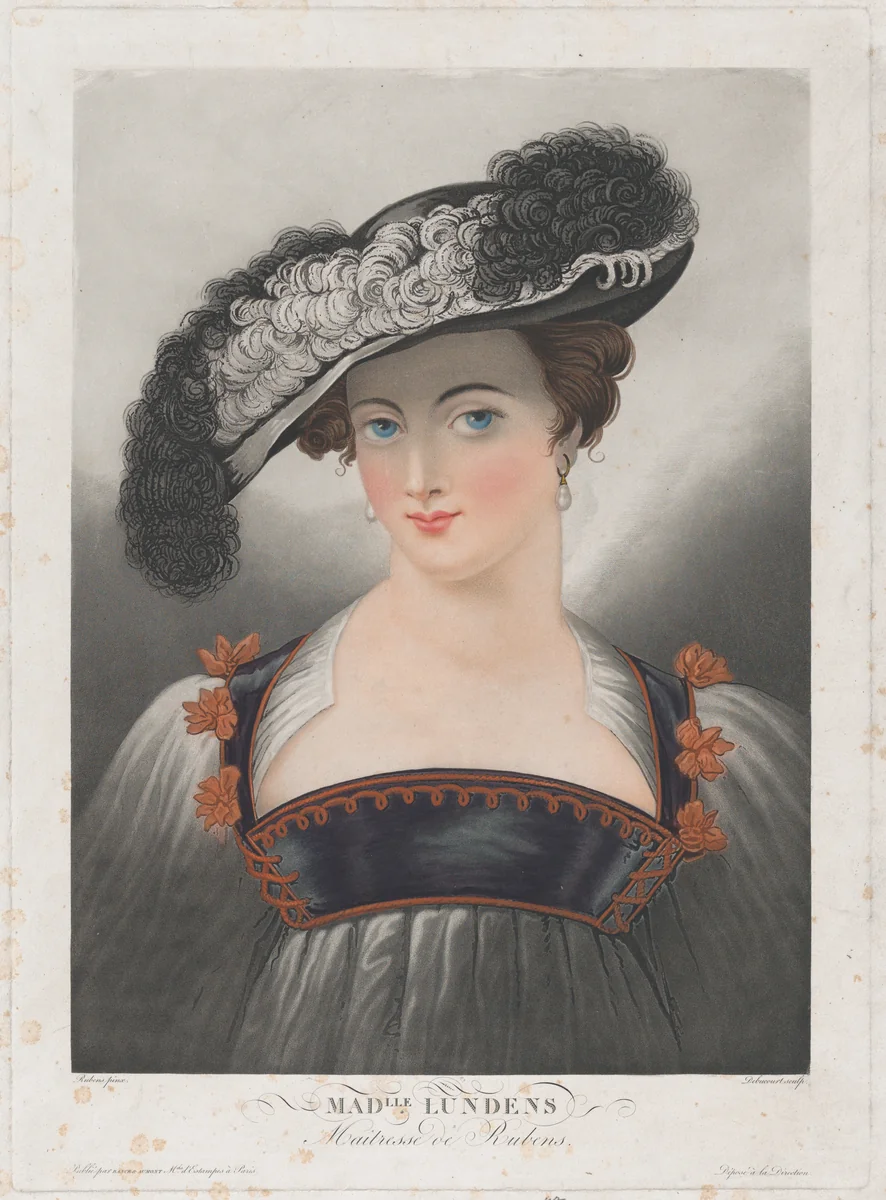 Portrait of Susanna Lunden, wearing wide-brimmed hat with feathers by Louis Philibert Debucourt, print, 1804-1839