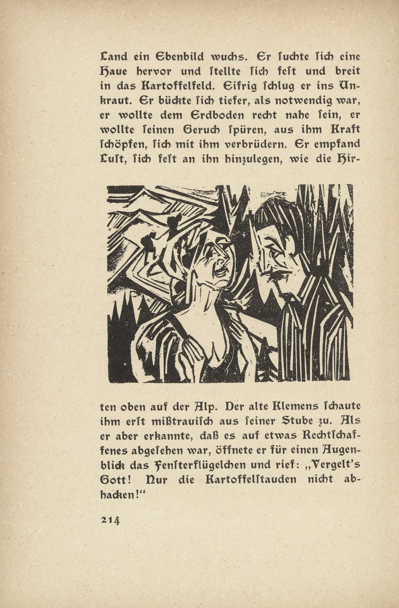 As Josua Grübler Found his Way: Josua and Priska (Wie Josua Grübler seinen Weg fand: Josua und Priska) (in-text plate, page 214) from Neben der Heerstrasse (Off the Main Road) by Ernst Ludwig Kirchner, illustrated book, 1923