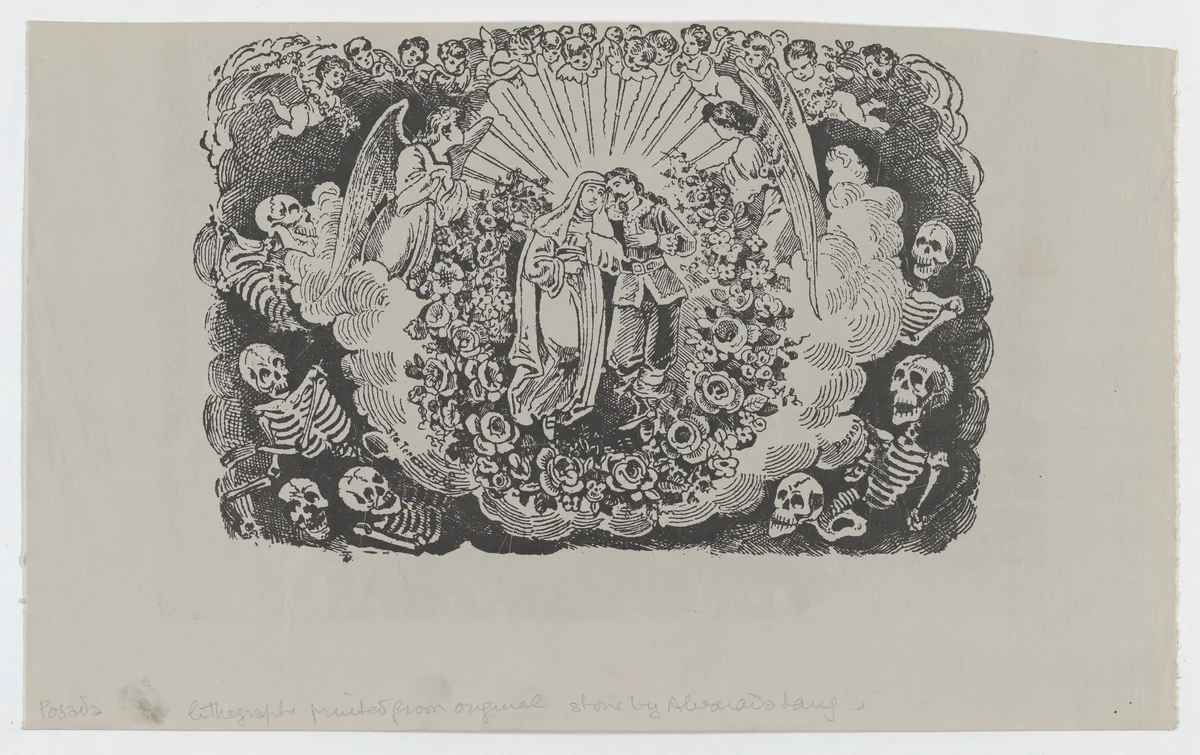 A female saint standing with a cavalier and surrounded by angels and skeletons by José Guadalupe Posada, print, 1890-1910