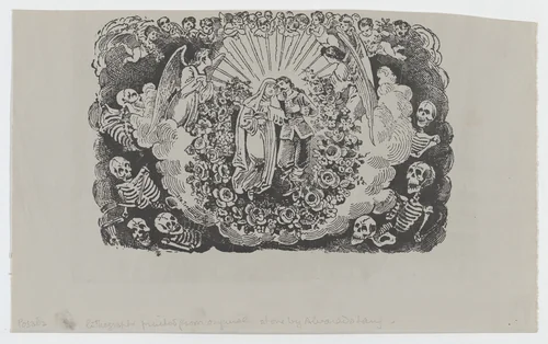 A female saint standing with a cavalier and surrounded by angels and skeletons by José Guadalupe Posada, print, 1890-1910
