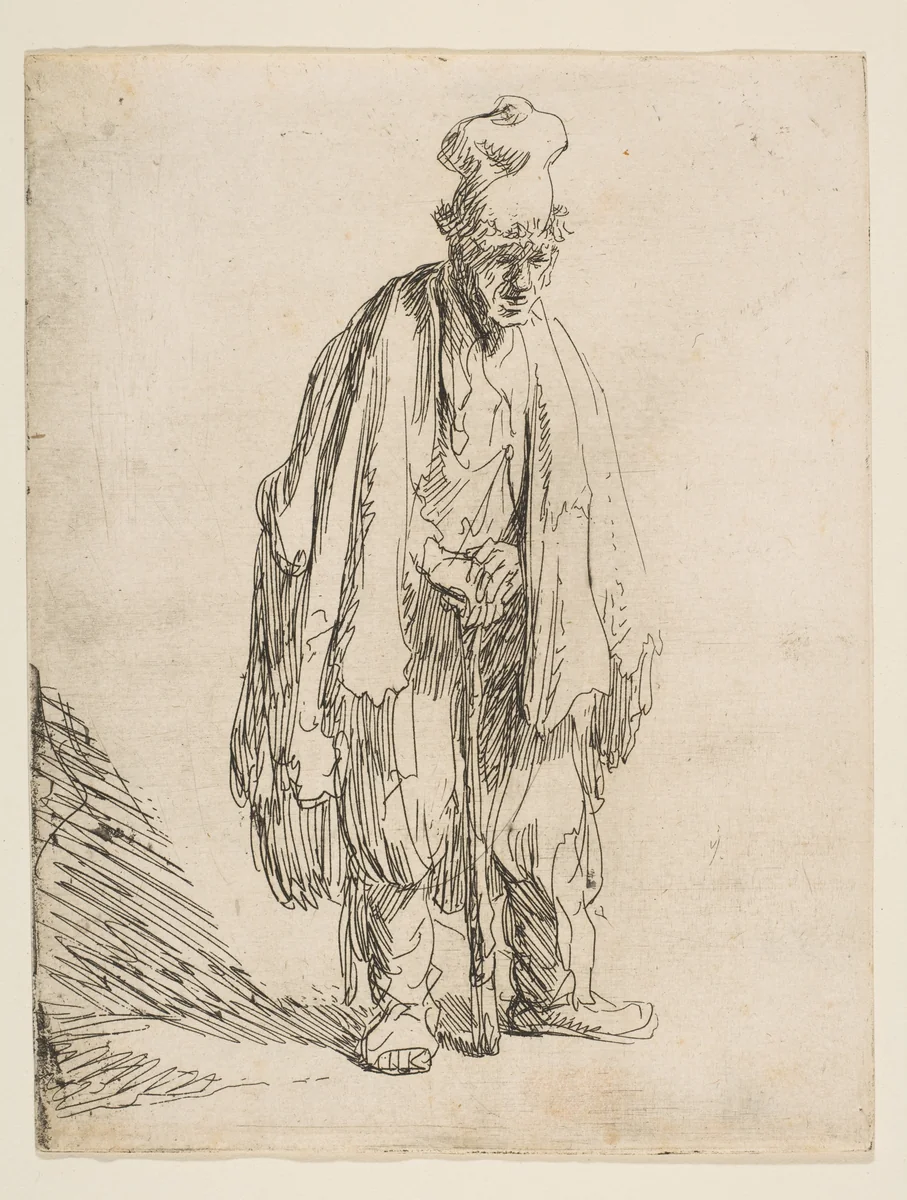 Beggar in a High Cap, Standing and Leaning on a Stick by Rembrandt van Rijn, print, 1624-1634