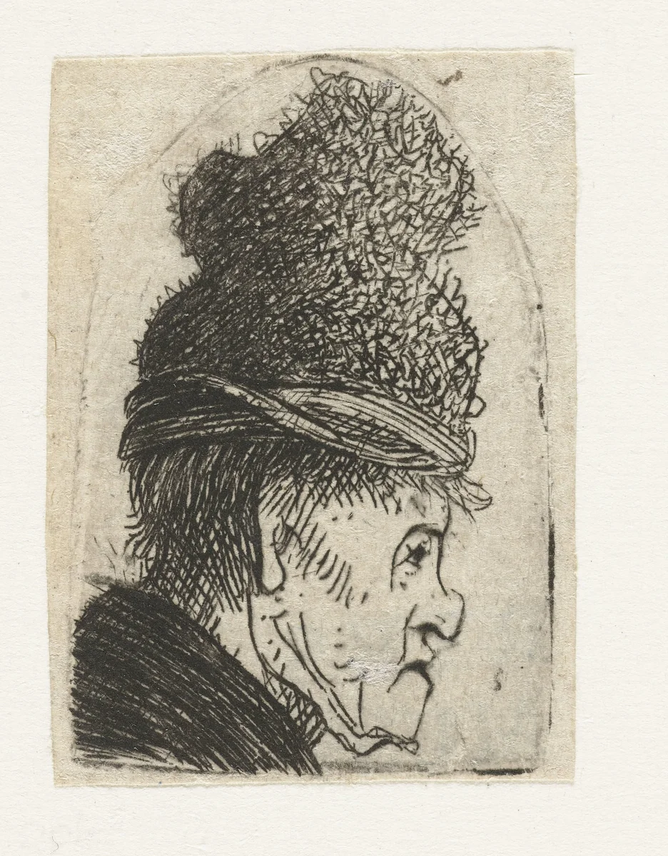 Grotesque profile: man in a high cap by Rembrandt van Rijn, print, 1629