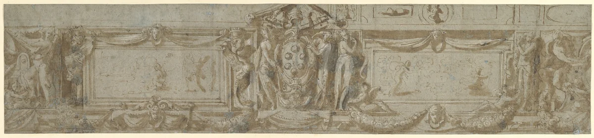 Design for a Frieze with Central Cartouche Containing Medici Arms with Papal Tiara by anonymous, drawing, 1550-1599