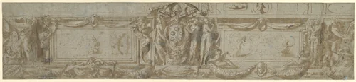 Design for a Frieze with Central Cartouche Containing Medici Arms with Papal Tiara by anonymous, drawing, 1550-1599