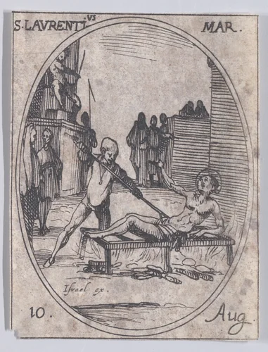 S. Laurent, martyr (St. Lawrence, Martyr), August 10th, from "Les Images De Tous Les Saincts et Saintes de L'Année" (Images of All of the Saints and Religious Events of the Year) by Jacques Callot, print, 1636