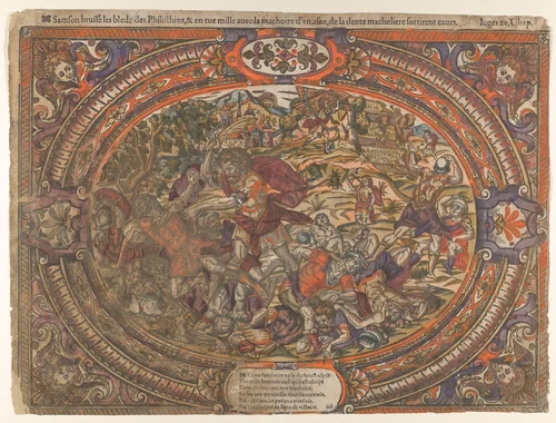 Battle against the Philistines, from "The Story of Samson" by anonymous, print, 1555-1585