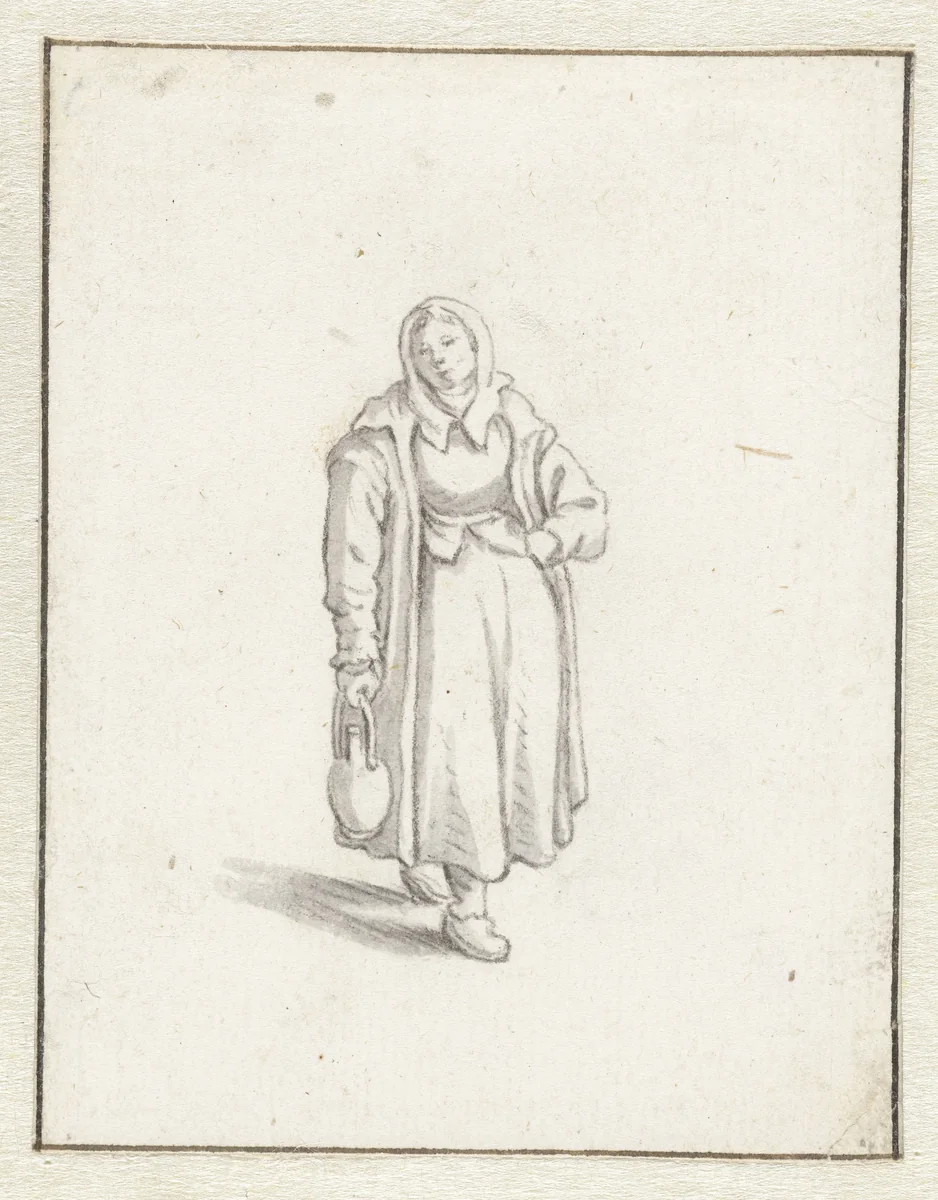 Staande vrouw met een kruik by Herman Saftleven, drawing, 1619-1685