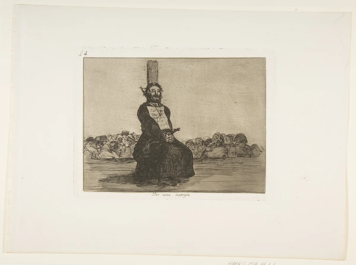 Plate 34 from "The Disasters of War" (Los Desastres de La Guerra): 'On account of a knife' (Por una navaja) by Goya, print, 1810