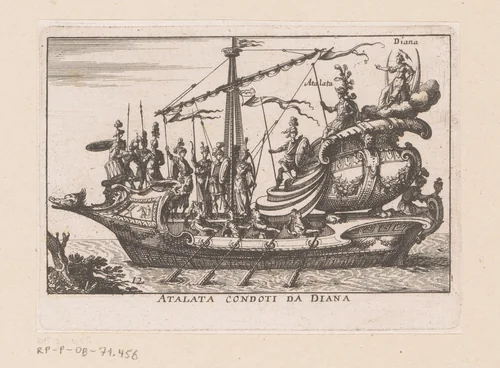 Schip met Diana op het achtersteven by anonymous, print, 1635
