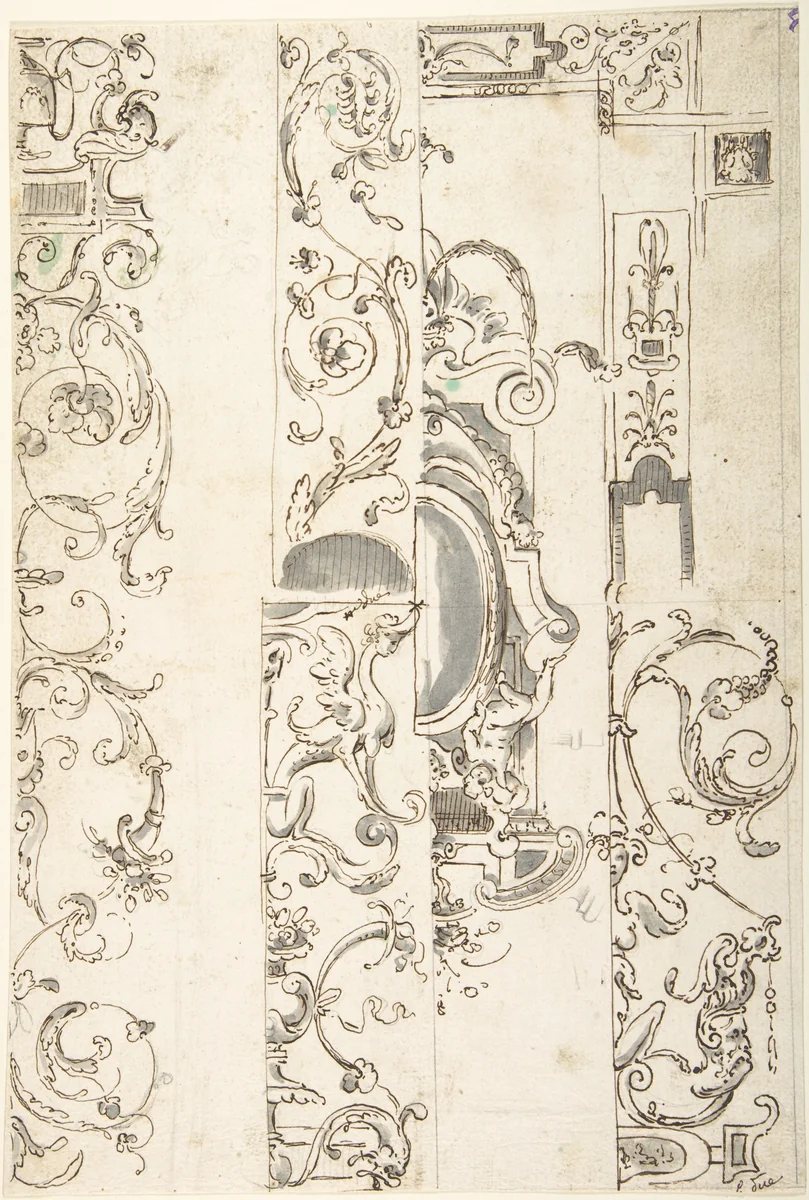 Sheet with Various Studies of Candelabra Grotesques, Foliage and a Cartouche by anonymous, drawing, 1500-1700