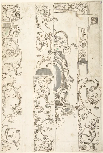 Sheet with Various Studies of Candelabra Grotesques, Foliage and a Cartouche by anonymous, drawing, 1500-1700