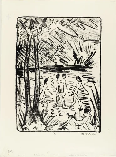 Five Girls by a Pond in the Woods (1) [Fünf Mädchen am Waldteich (2)] by Otto Mueller, print, 1919