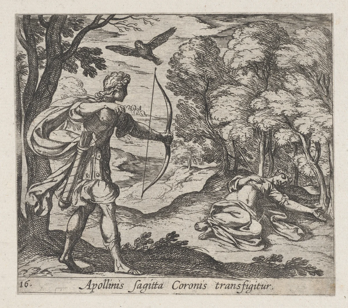 Plate 16: Apollo Killing Coronis (Appolinis sagitta Coronis transfigitur), from Ovid's 'Metamorphoses' by Antonio Tempesta, print, 1606