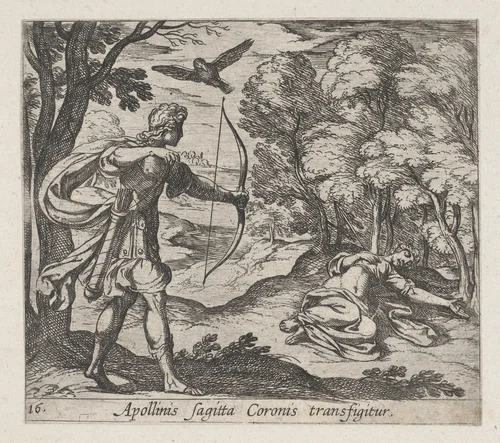 Plate 16: Apollo Killing Coronis (Appolinis sagitta Coronis transfigitur), from Ovid's 'Metamorphoses' by Antonio Tempesta, print, 1606