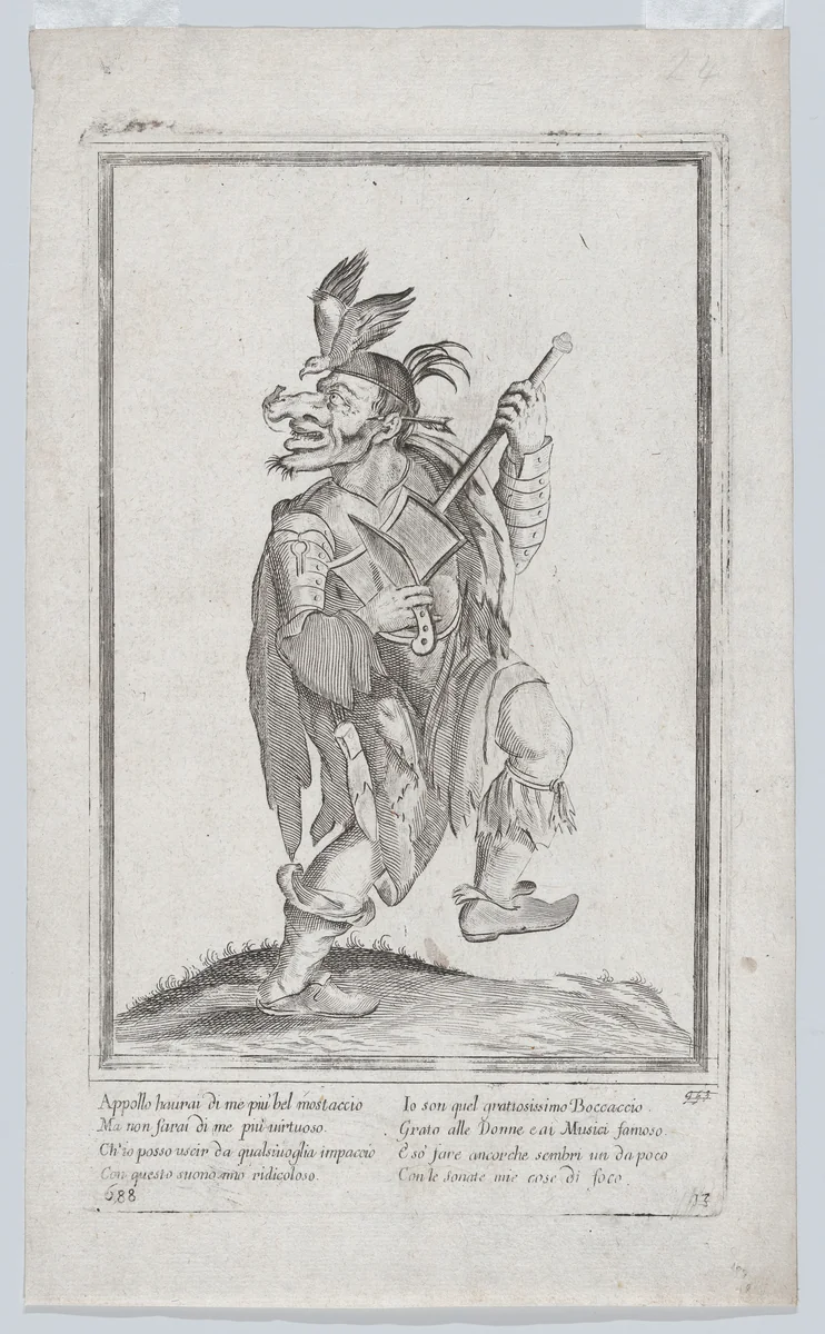 A caricature figure representing a street musician(?) with a mouse (lizard?) on his nose and a bird on his head by anonymous, print, 1635-1645