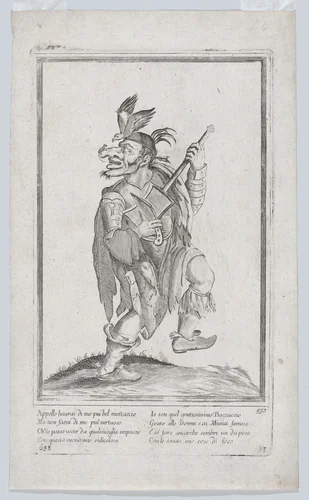 A caricature figure representing a street musician(?) with a mouse (lizard?) on his nose and a bird on his head by anonymous, print, 1635-1645