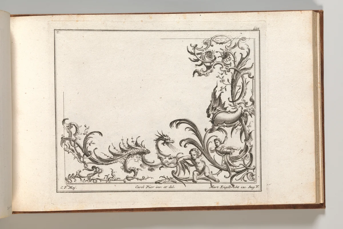 Design for the Decoration of the Lower Right Corner of a Ceiling, Plate 2 from: 'Unterschiedliche neü inventirte Decken oder Plafond.' by Carl Pier, book, 1745-1755