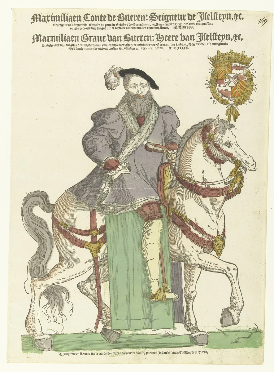 Portret van Maximiliaan van Buren te paard by Hans Liefrinck, print, 1543