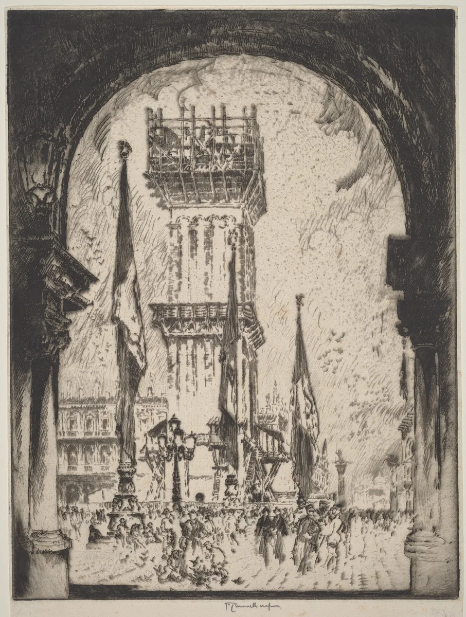 Rebuilding the Campanile, Venice, No.I by Joseph Pennell, print, 1911