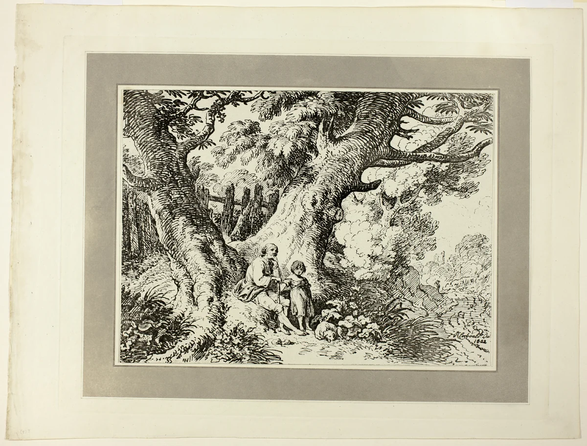 Old Trees with Old Man, a Girl, and a Dog, from the first issue of Specimens of Polyautography by Richard Corbould, print, 1803