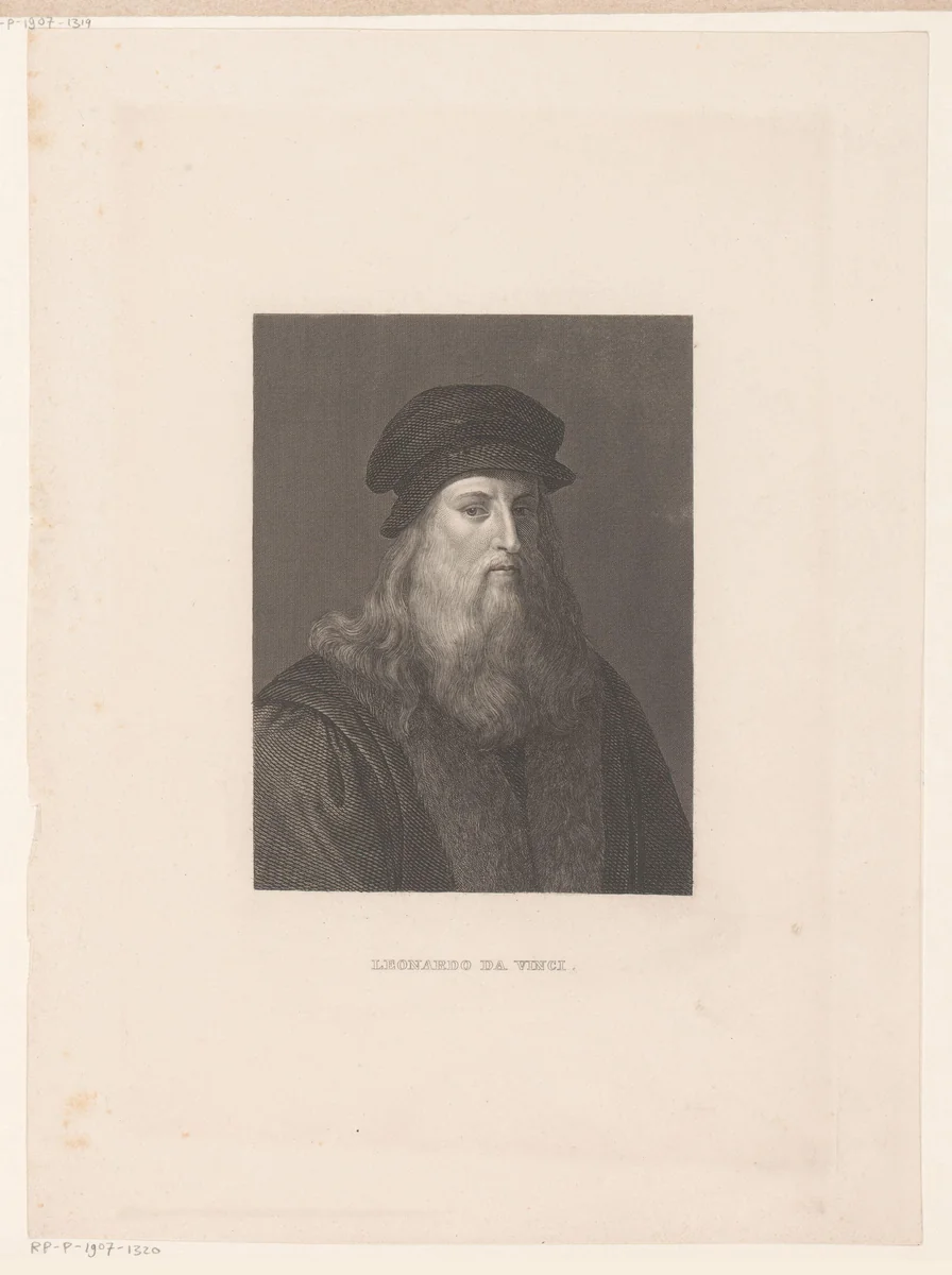 Portret van Leonardo da Vinci by Friedrich Weber, print, 1823-1882