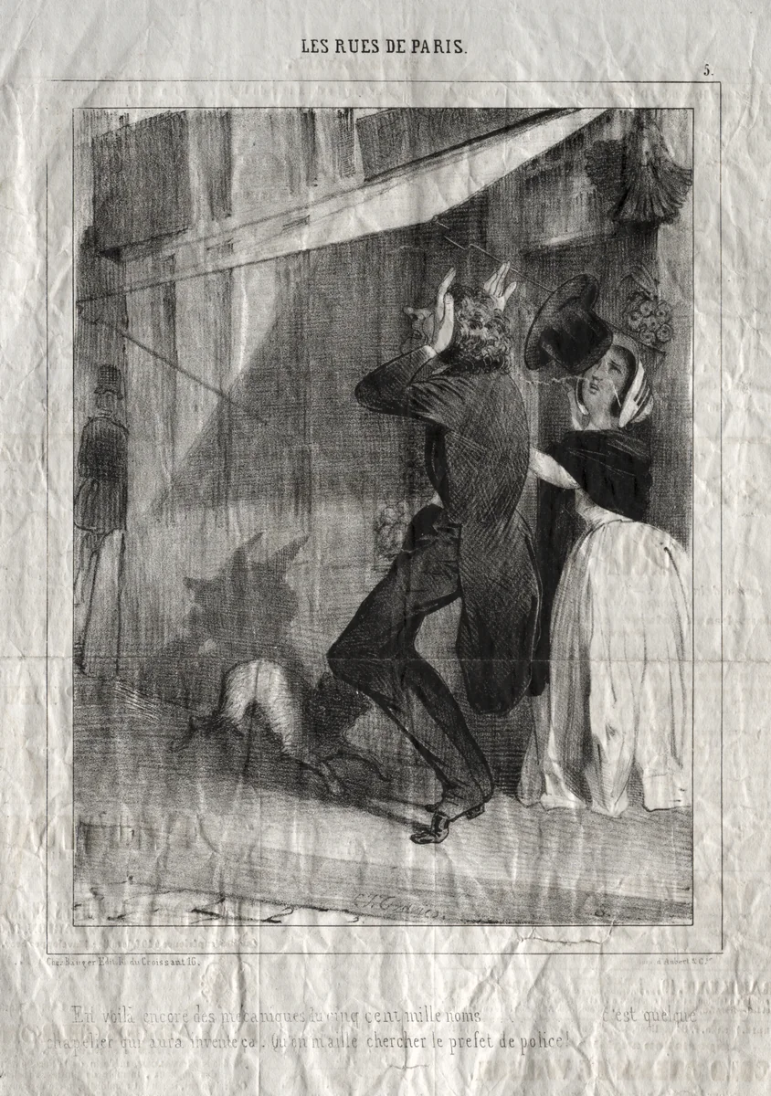 Les Rues de Paris: En voila encore des mécaniques du cinq cent mille noms...c'est quelque chapelier qui aura invente ca. Ou 'on m'aille chercher le prefet de police! by Charles-Joseph Traviès, print, 1830-1845