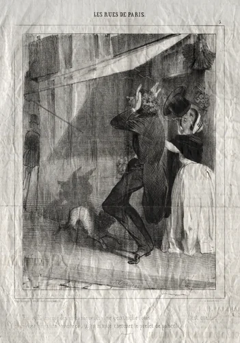 Les Rues de Paris: En voila encore des mécaniques du cinq cent mille noms...c'est quelque chapelier qui aura invente ca. Ou 'on m'aille chercher le prefet de police! by Charles-Joseph Traviès, print, 1830-1845