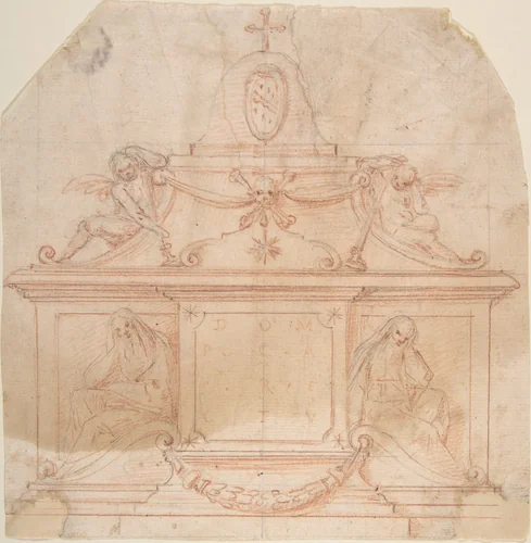 Tomb Monument with Crucifix and Coat of Arms by anonymous, drawing, 1600-1699