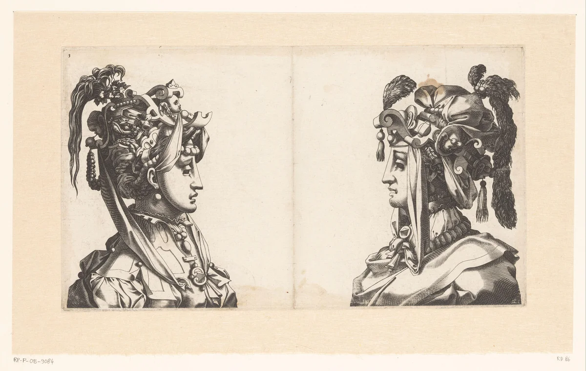 Twee vrouwenbustes met maskers en fantasiehoofdbedekking by Unknown, print, 1535-1598