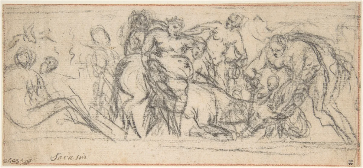 Drunken Silenus Riding on an Ass by Jacques Sarazin, drawing, 1605-1660
