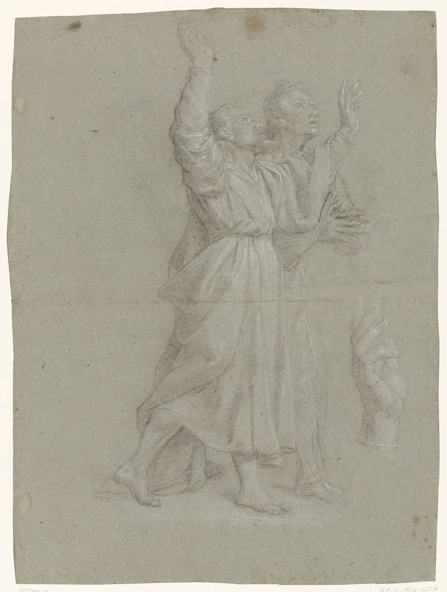 Studie voor twee apostelen en een hand by Unknown, drawing, 1588-1623