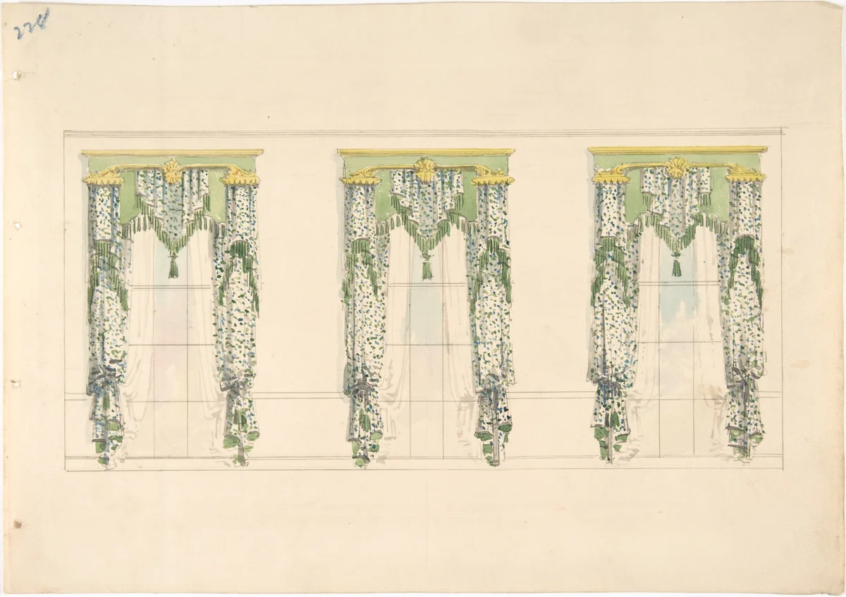 Design for Green and White Curtains with Green Fringes and a Green and Gold Pediment by anonymous, drawing, 1800-1850