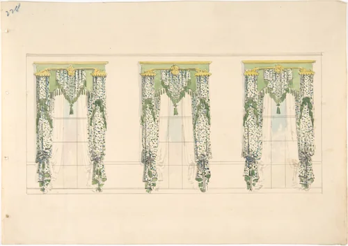 Design for Green and White Curtains with Green Fringes and a Green and Gold Pediment by anonymous, drawing, 1800-1850