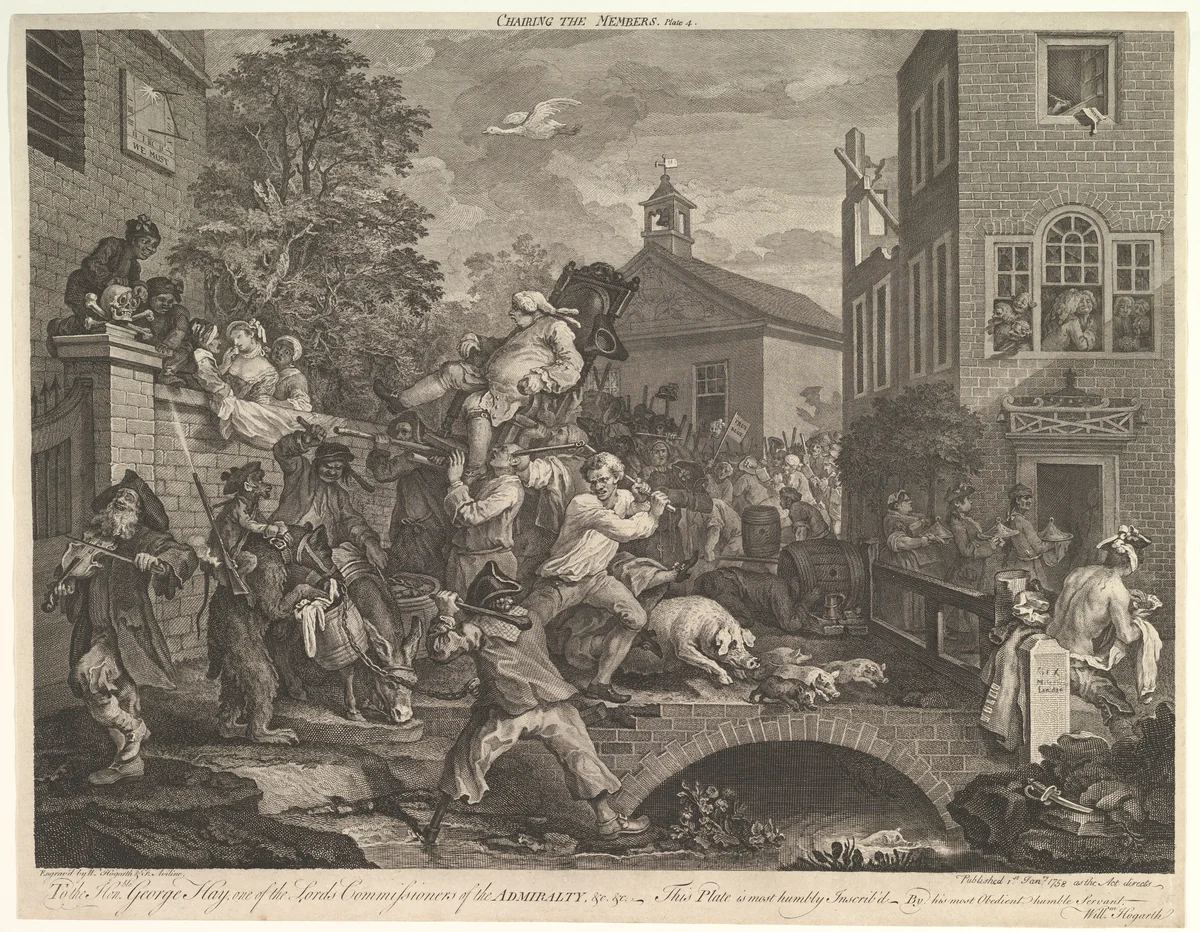 Chairing the Members, Plate IV: Four Prints of an Election by William Hogarth, print, 1758