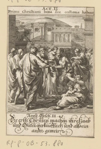 Eerste christenen verkopen hun spullen en hebben alles gemeenschappelijk by anonymous, print, 1697