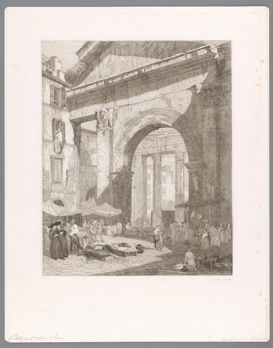 Vismarkt bij de Porticus van Octavia te Rome by Auguste Numans, print, 1833-1883