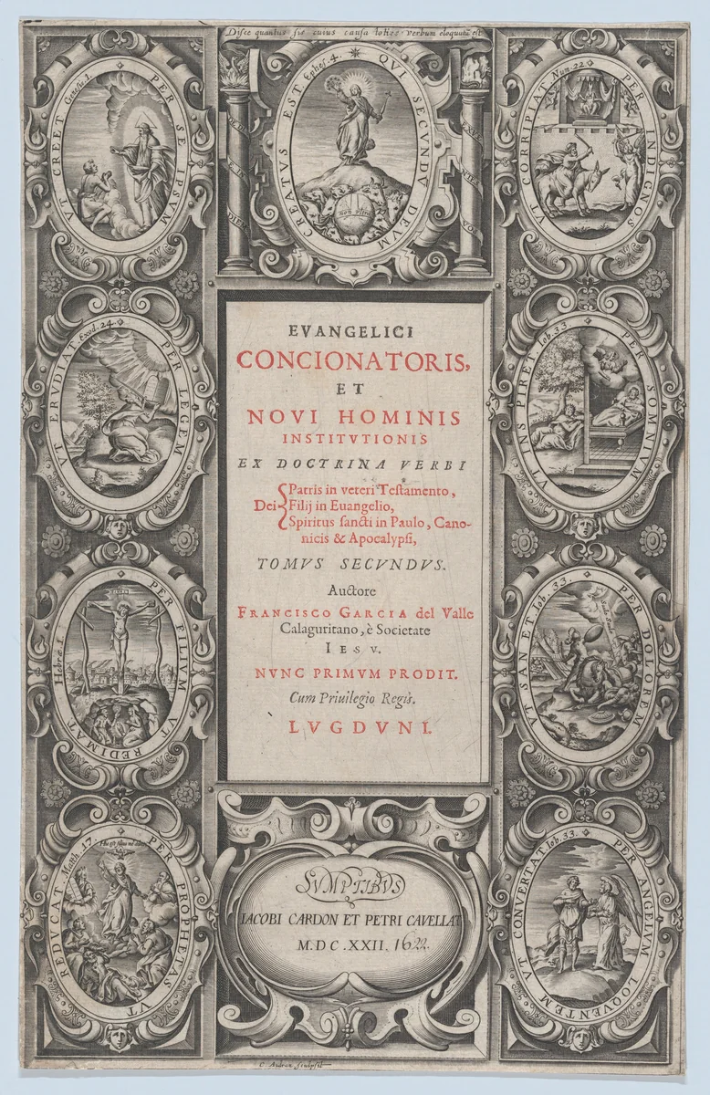 Frontispiece for Evangelicus Concionatoris, et Novi Hominis Institutionis by Charles Audran, print, 1622