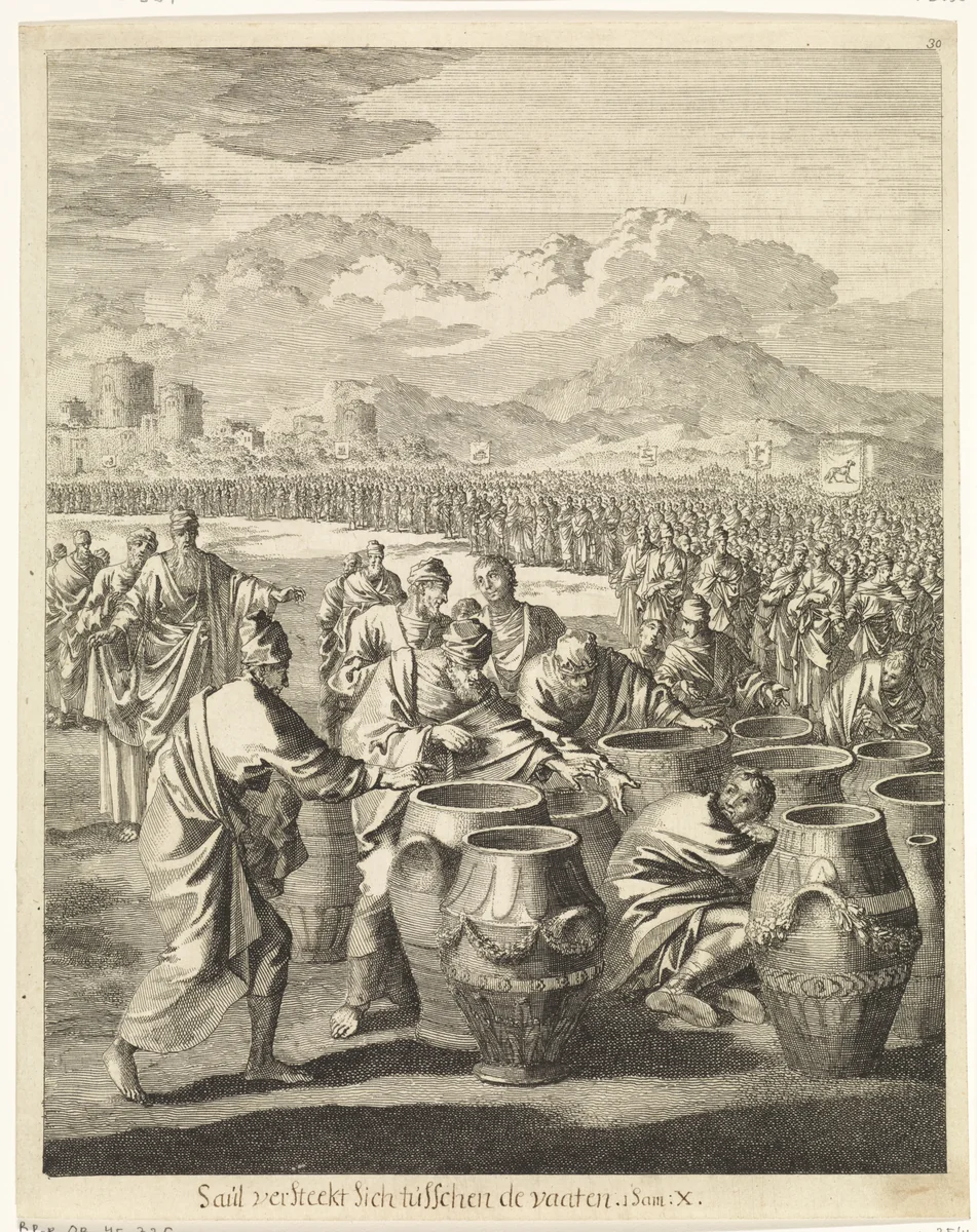 Saul, verborgen tussen de watervaten, wordt gevonden by Jan Luyken, print, 1708