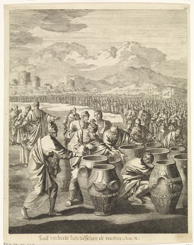 Saul, verborgen tussen de watervaten, wordt gevonden by Jan Luyken, print, 1708