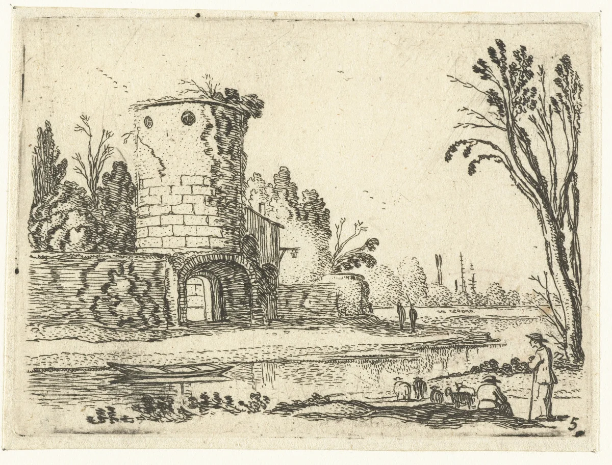Ronde toren met een poort by Esaias van de Velde, print, 1614