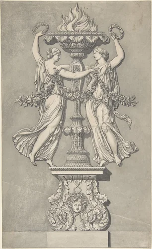 Candelabrum with Two Victory Figures (for 'Ornamenti Diversi') by Giuseppe Albertolli, drawing, 1782