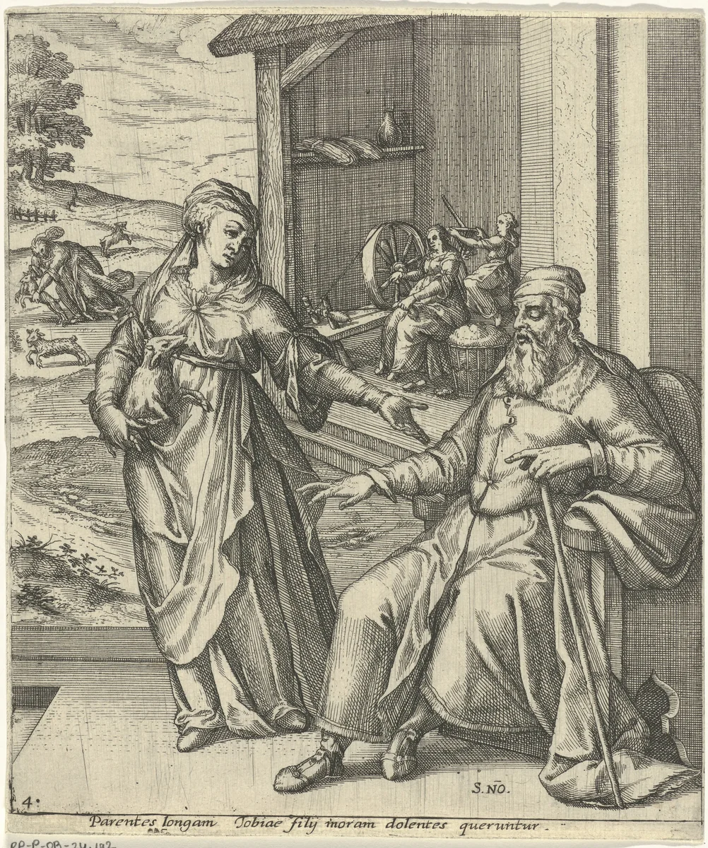 Tobit en Anna met het geitje by Unknown, print, 1560-1590