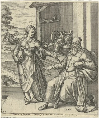 Tobit en Anna met het geitje by Unknown, print, 1560-1590