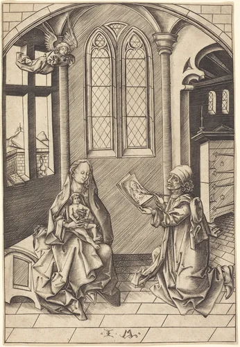 Saint Luke Drawing a Portrait of the Virgin by Israhel van Meckenem, print, 1475