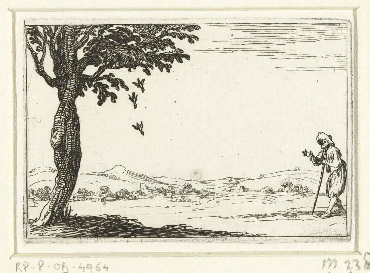 Een raaf werpt jongen uit zijn nest by Jacques Callot, print, 1621-1635
