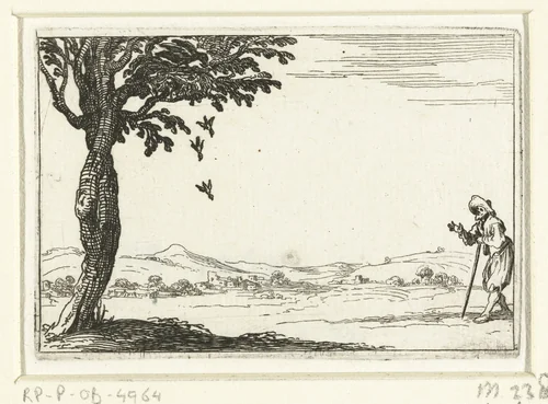 Een raaf werpt jongen uit zijn nest by Jacques Callot, print, 1621-1635